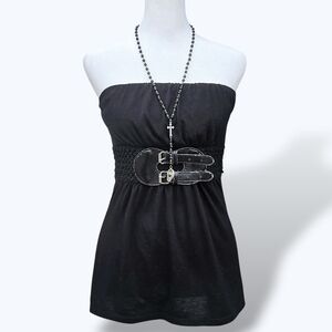 🟣 Vintage Y2K Black Strapless Double Buckle Belted Waist Cincher Long Tube Top